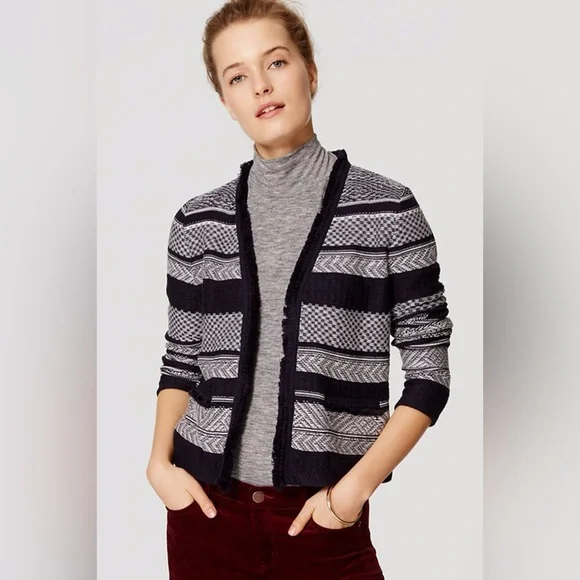 Loft 100% Cotton Knit Open Cardigan Navy/Cream Size XS Lady Jacket - Picture 2 of 8